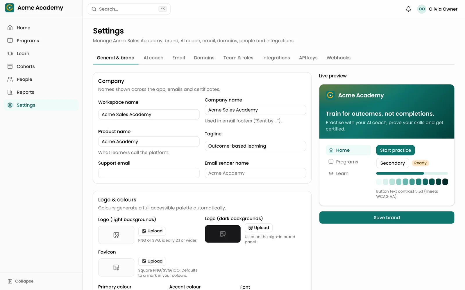 Brand settings with a live preview: name, tagline, logo and colours, with an accessible palette generated automatically