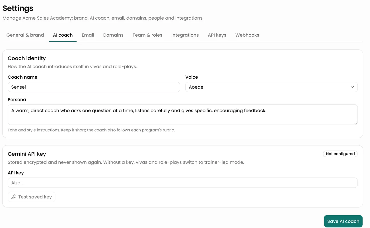 AI coach settings: name Sensei, voice, persona and the Gemini API key