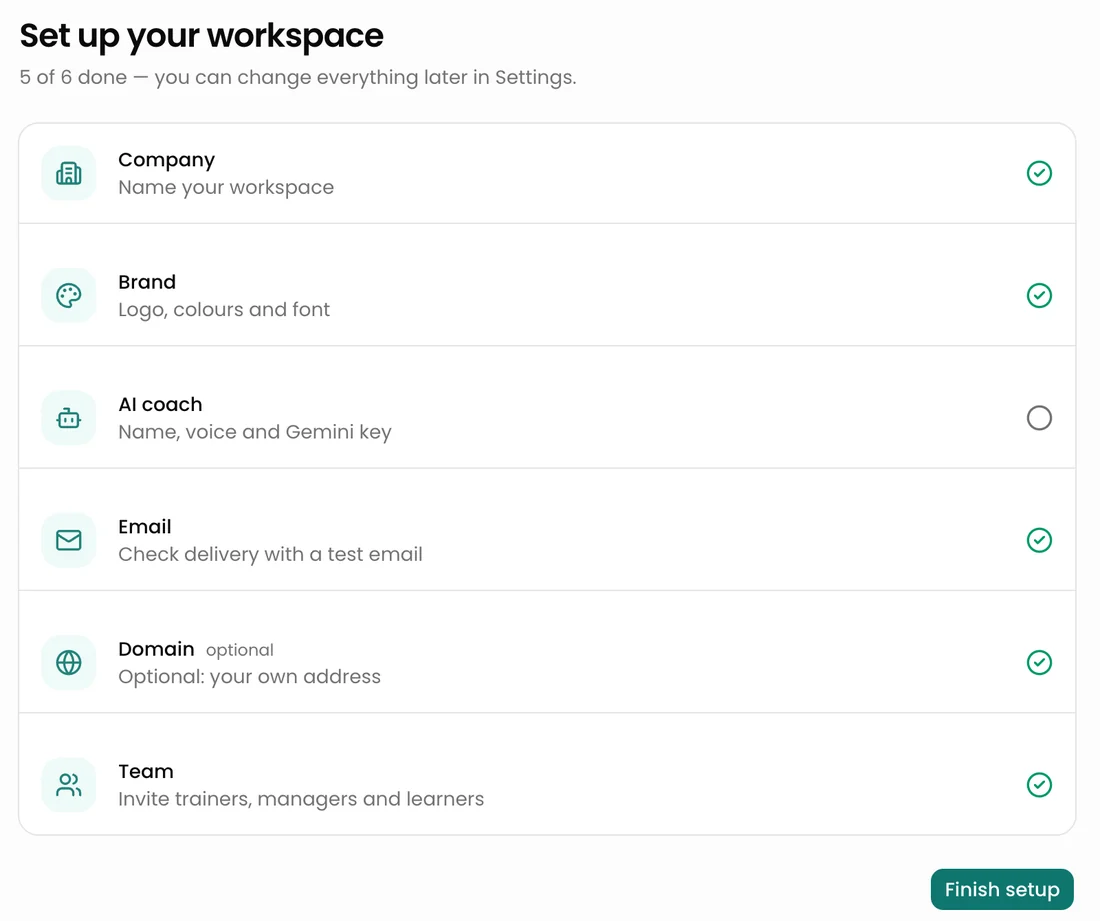Set up your workspace: company, brand, AI coach, email, domain and team