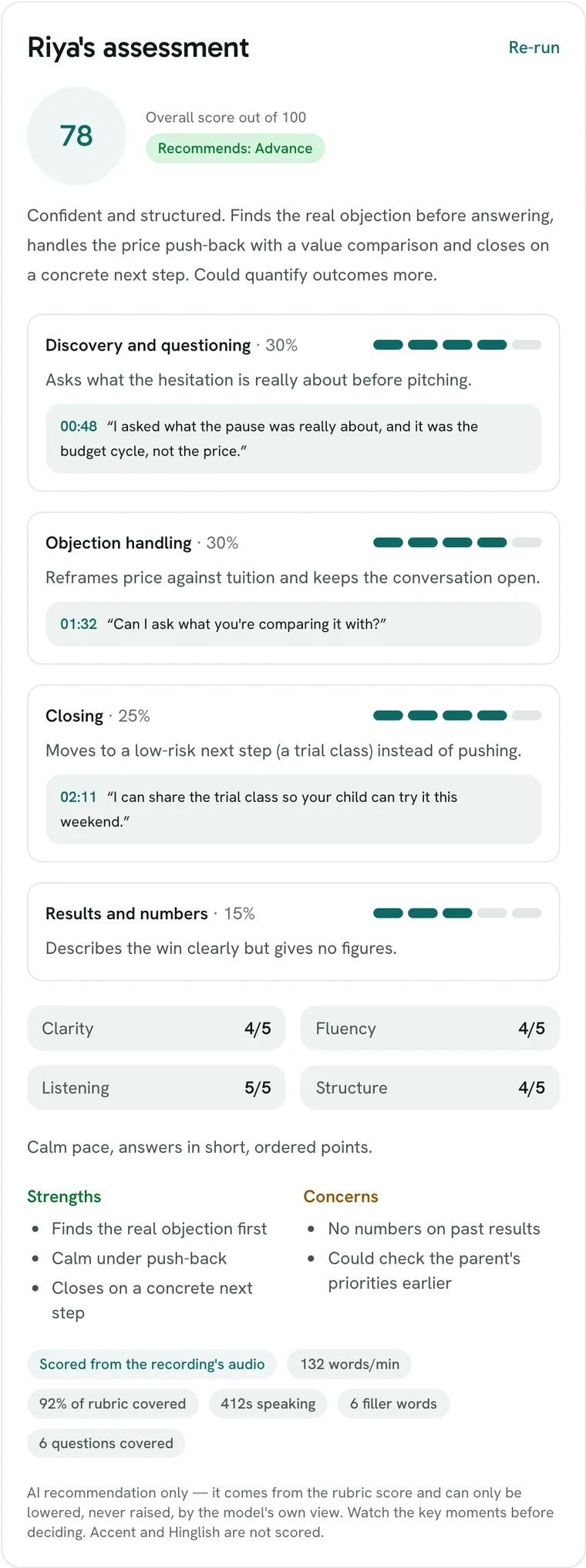 The AI assessment: overall score 78, recommendation Advance, and a score per competency with quoted evidence