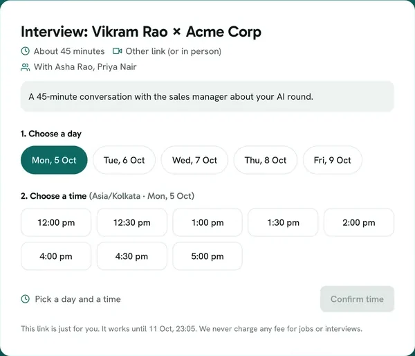 Candidate booking page: choose a day and a time